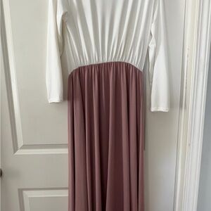 White and Pink Pleated Long Sleeve Gown for Wedding Guest